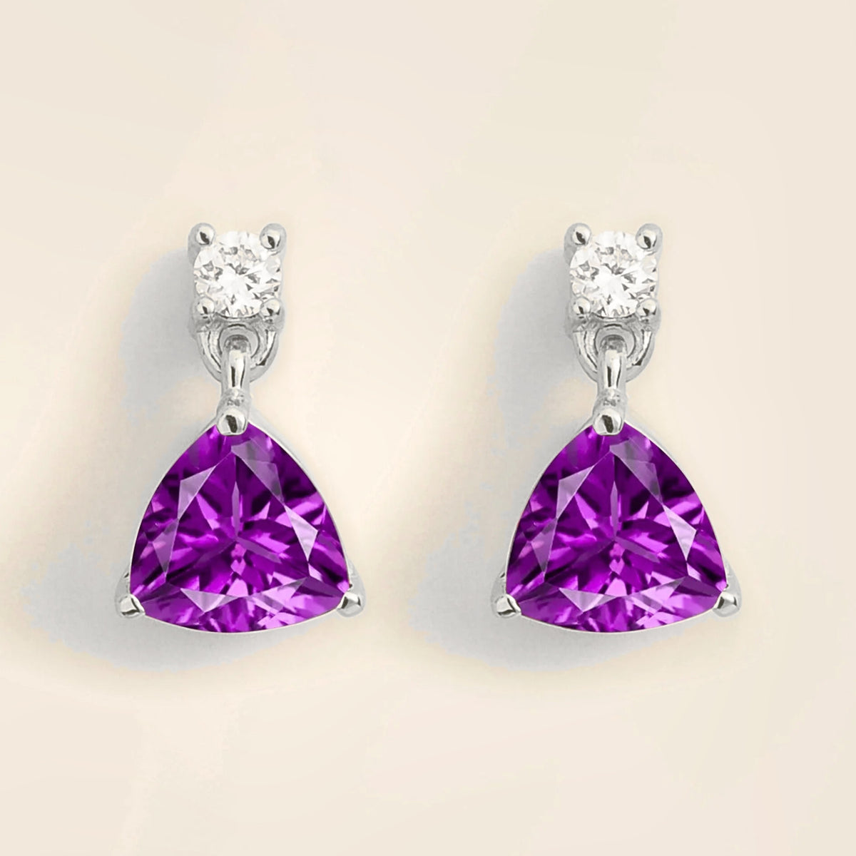 Trillion White Gold Earrings Set With Purple Sapphire & Diamond