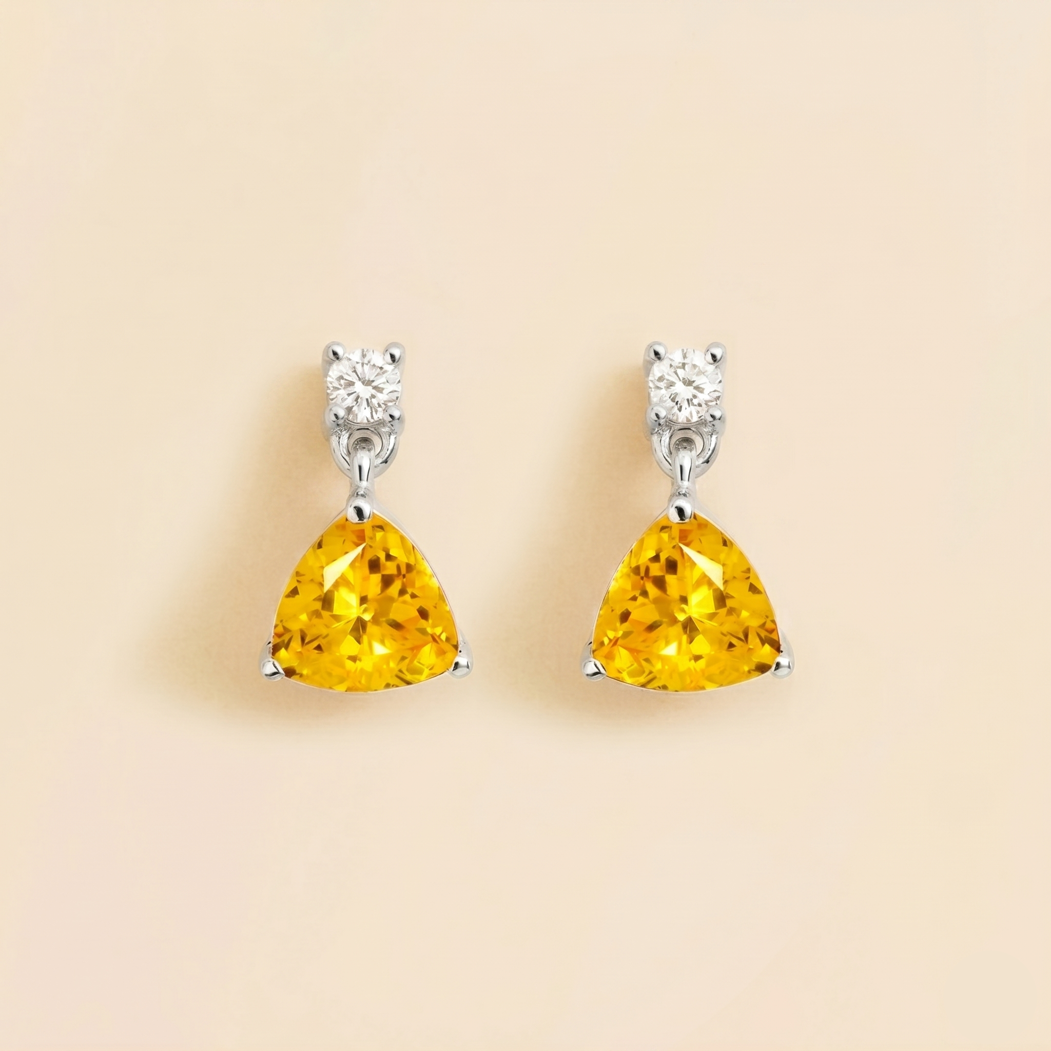 Trillion Yellow Sapphire & Diamond Drop Earrings in White Gold