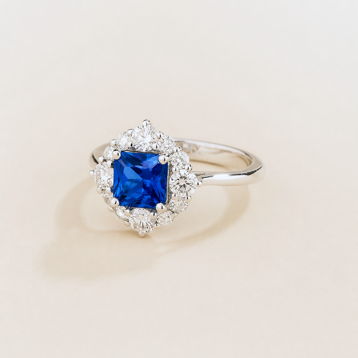 Tuli Blue Sapphire Cushion Cut & Diamond Halo Ring in White Gold