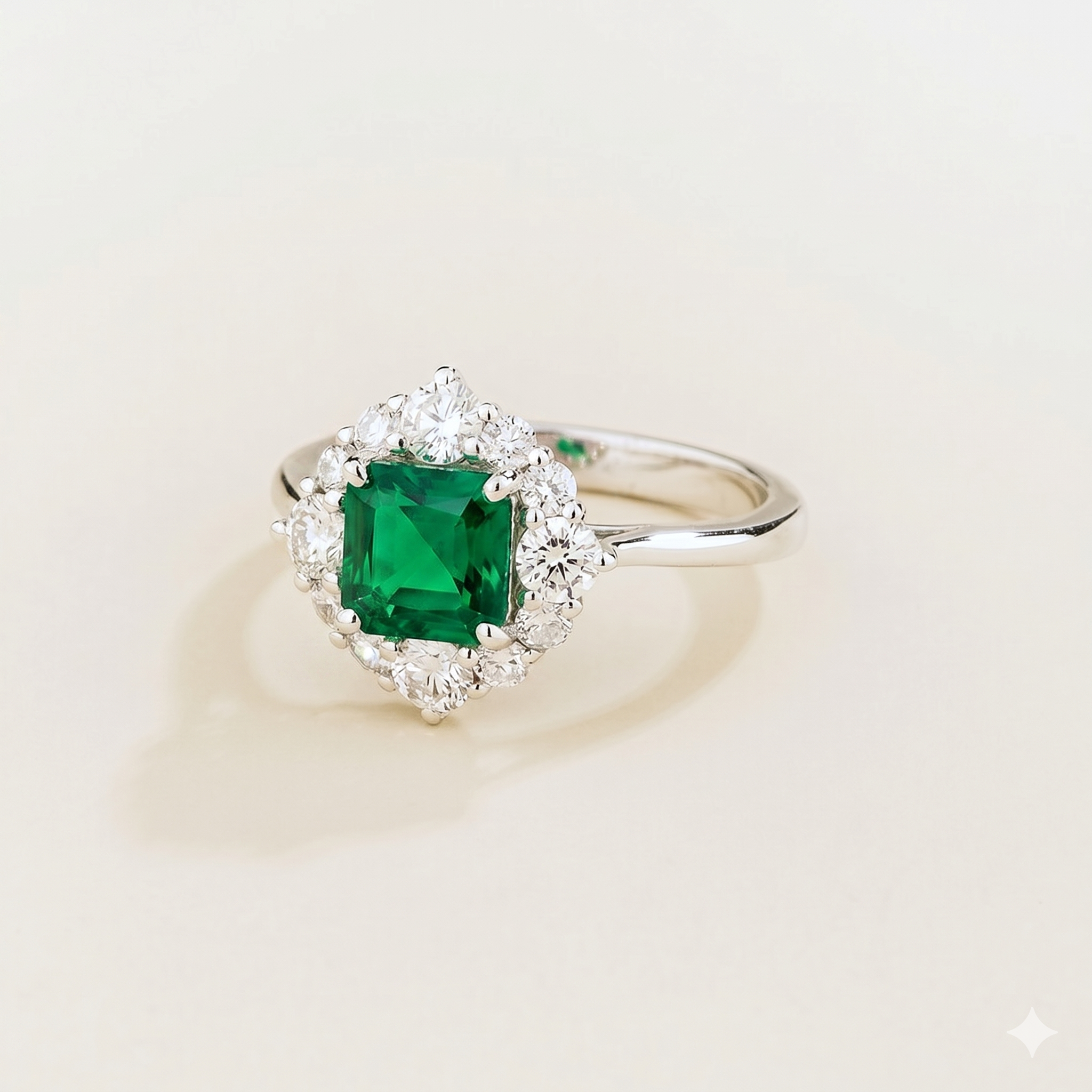 Tuli Emerald Cushion Cut & Diamond Halo Ring in White Gold