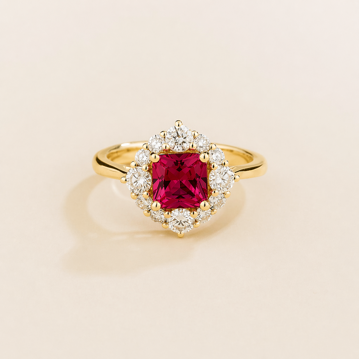 Tuli Ruby Cushion Cut & Diamond Halo Ring in Gold
