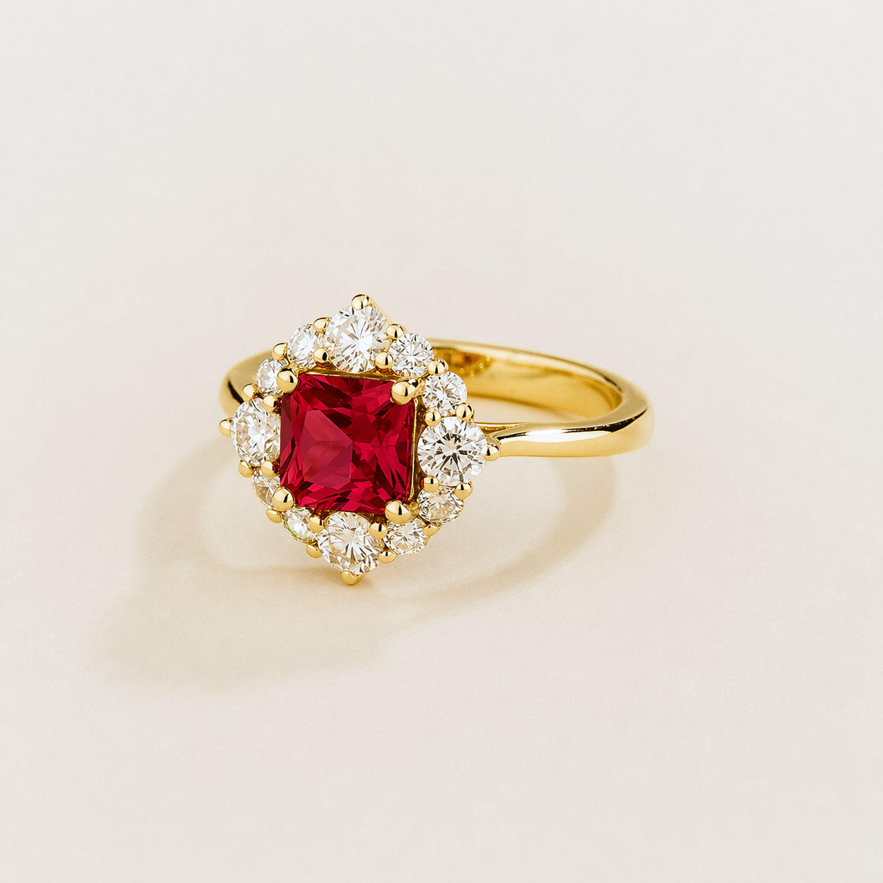 Tuli Ruby Cushion Cut & Diamond Halo Ring in Gold