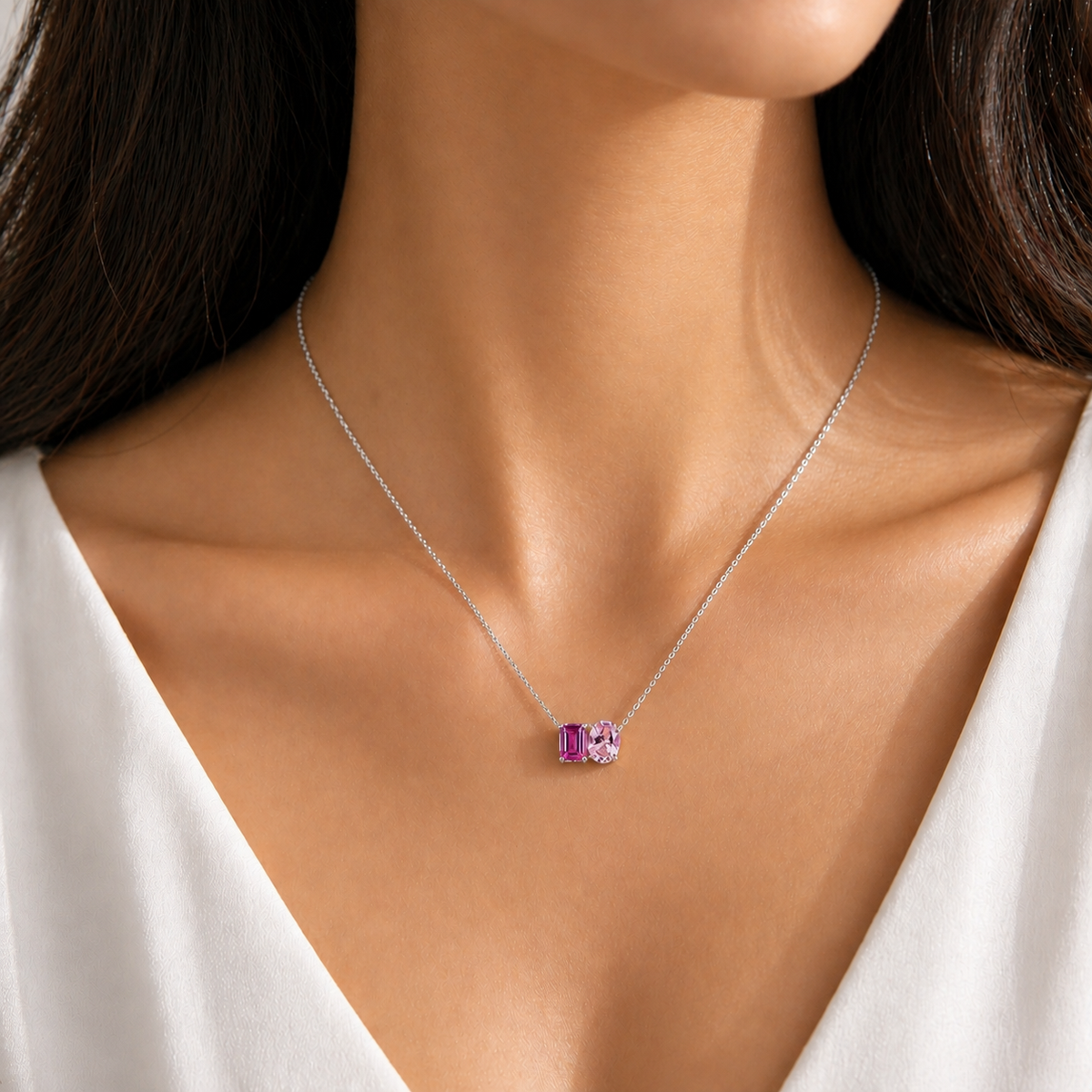 Buchon Pink Sapphire Two-Stone Pendant Necklace in White Gold