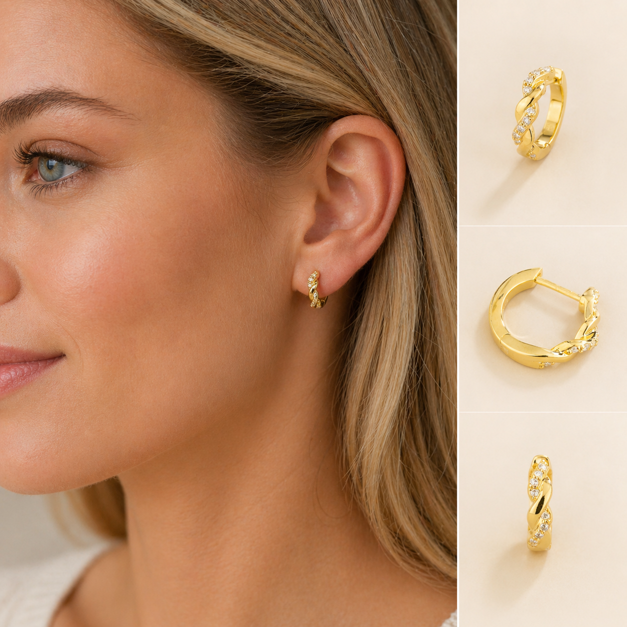 Twist Diamond Huggie Hoop Earrings in Gold