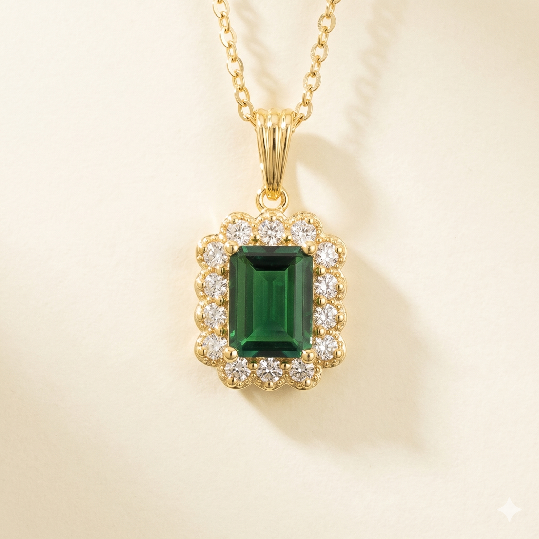 Verda Emerald Emerald-Cut & Diamond Halo Pendant Necklace in Gold