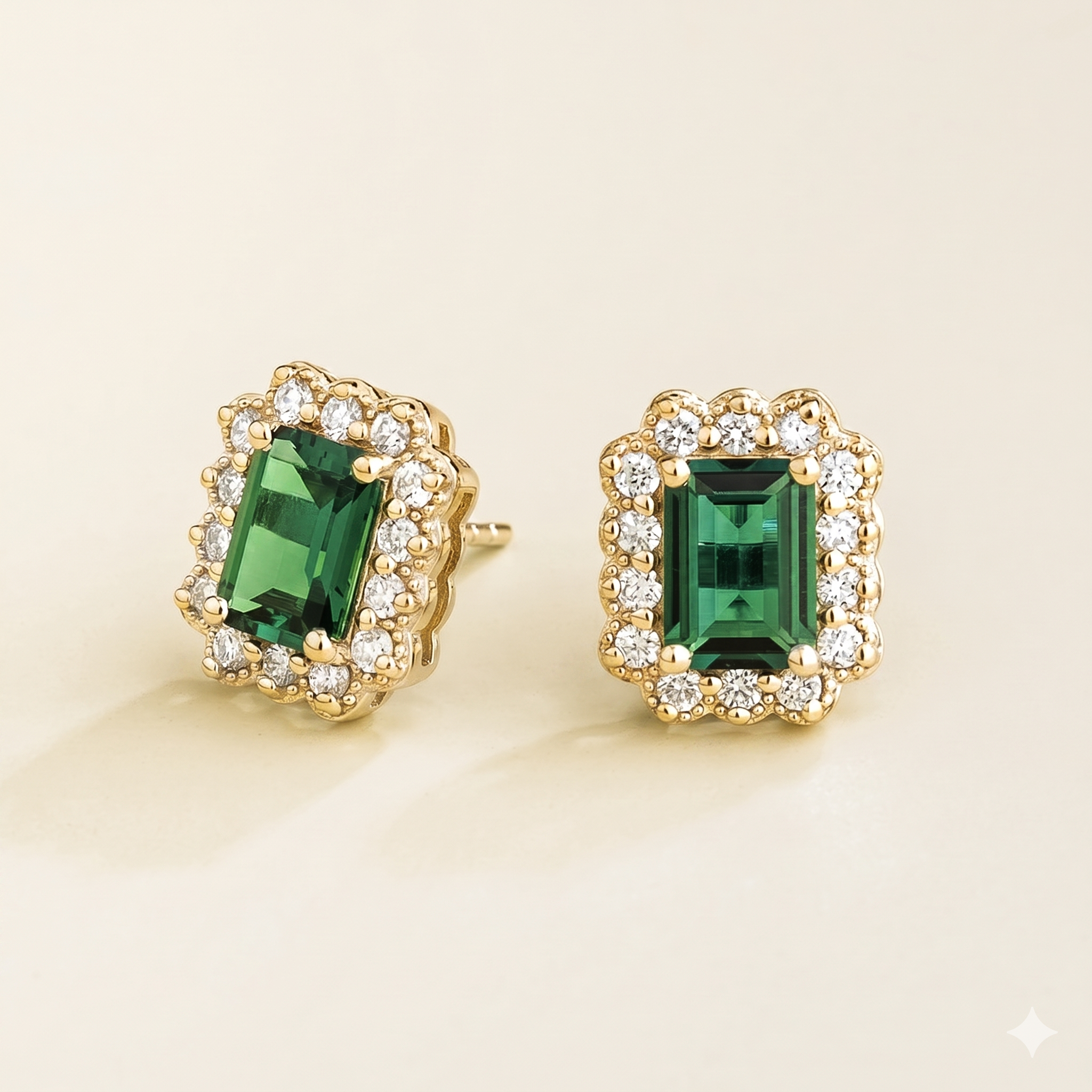 Verda Emerald Emerald-Cut & Diamond Halo Stud Earrings in Gold
