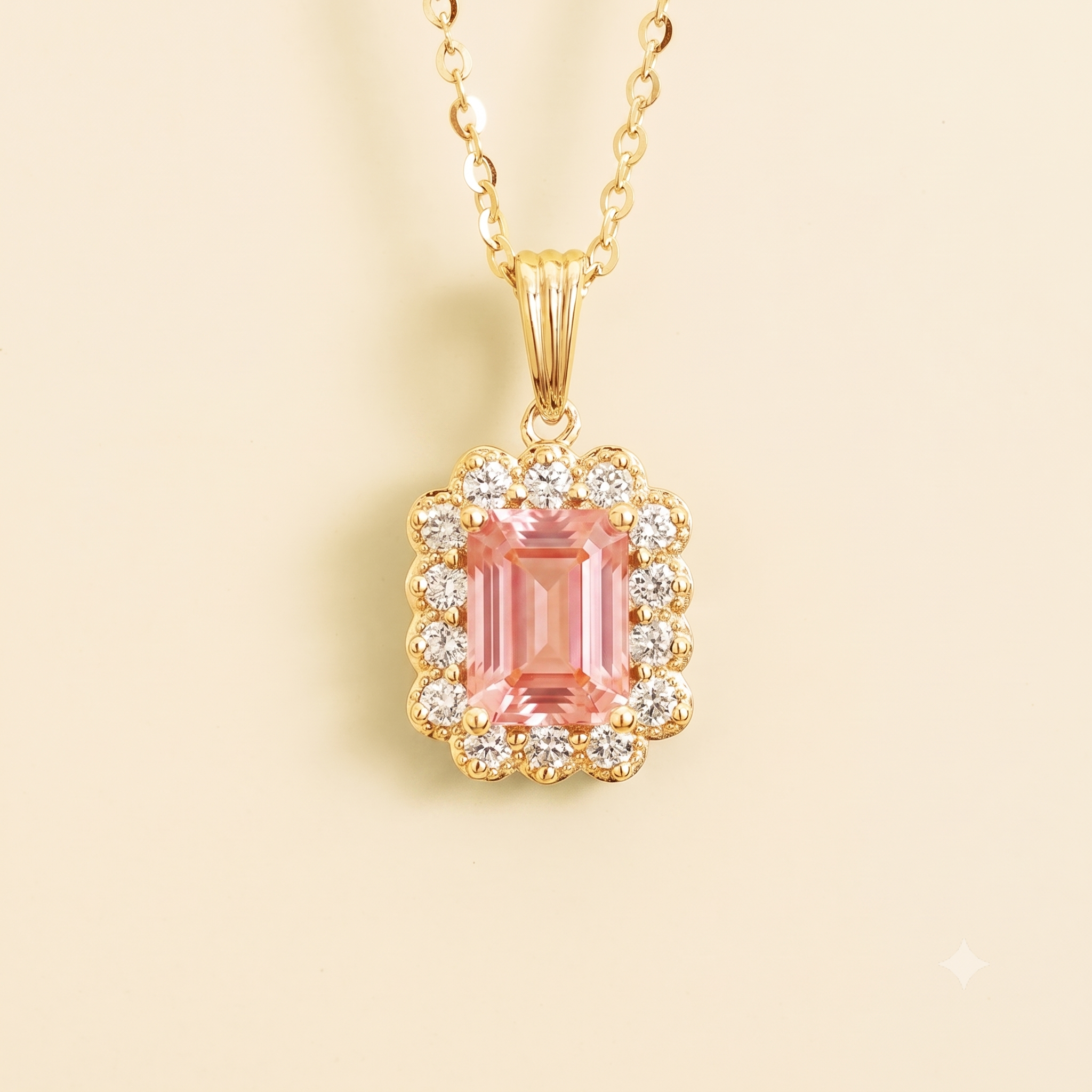 Emerald-cut lab-grown padparadscha sapphire and diamond halo pendant necklace in gold | Juvetti London