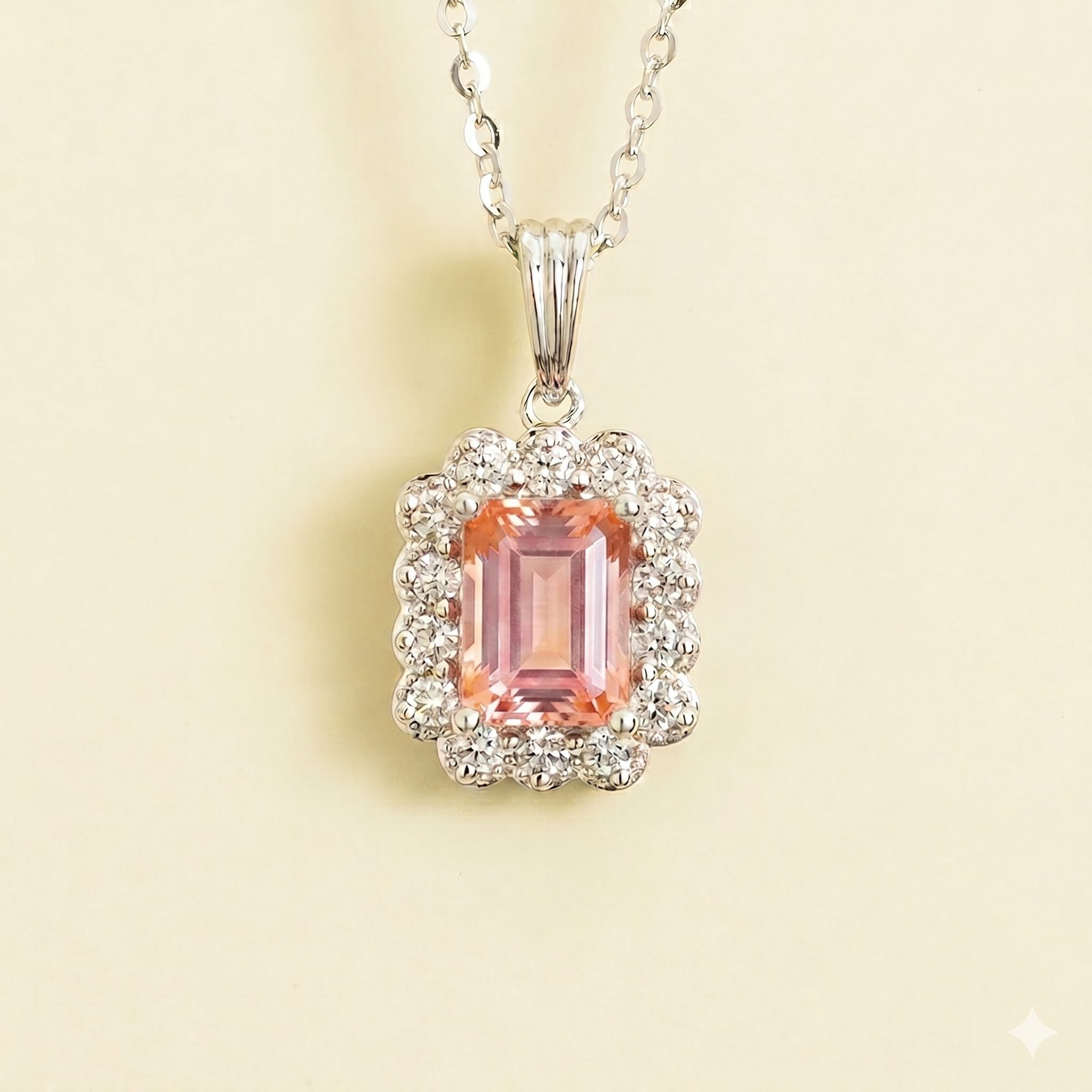 Verda Padparadscha Sapphire Emerald-Cut & Diamond Halo Pendant Necklace in White Gold