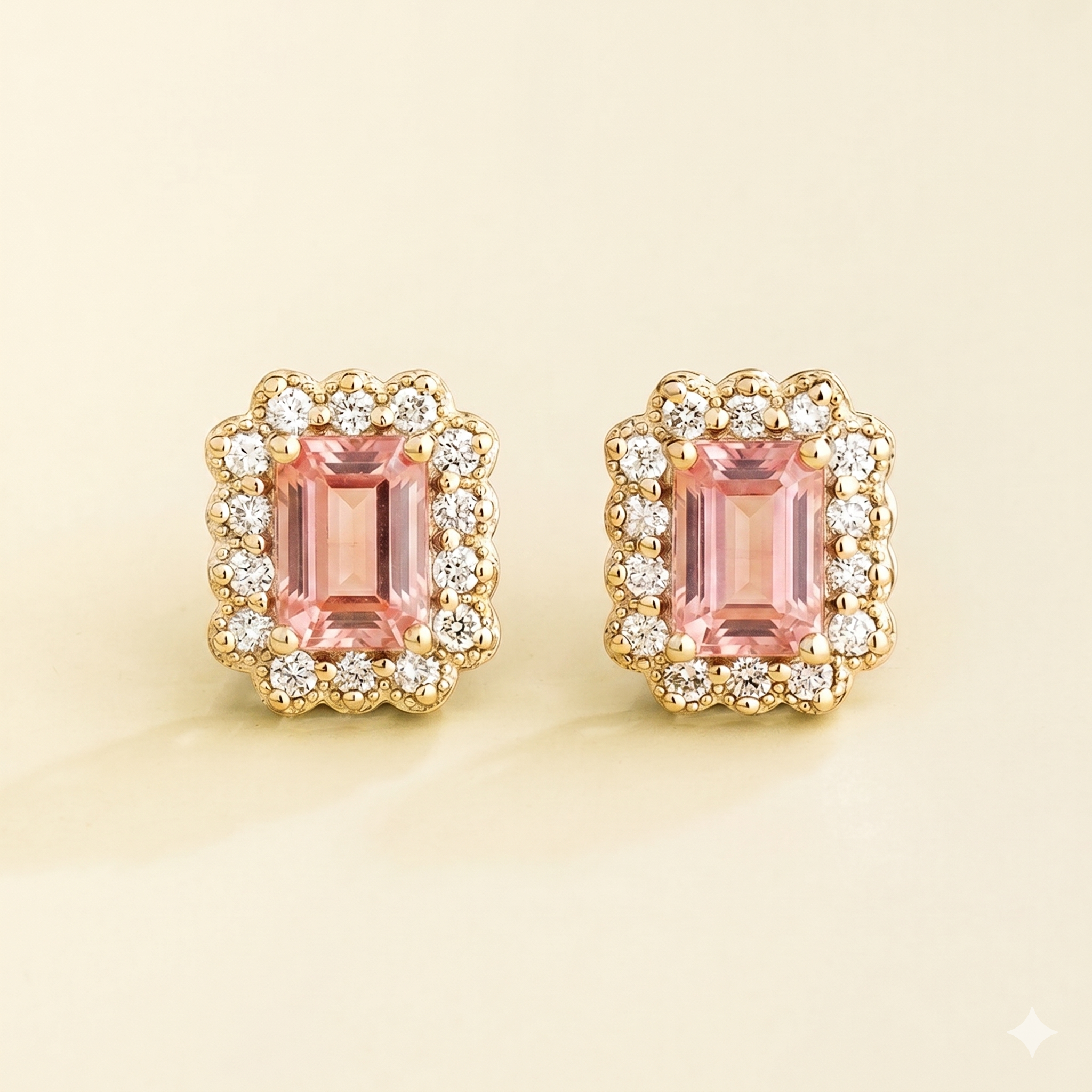 Verda Padparadscha Sapphire Emerald-Cut & Diamond Halo Stud Earrings in Gold