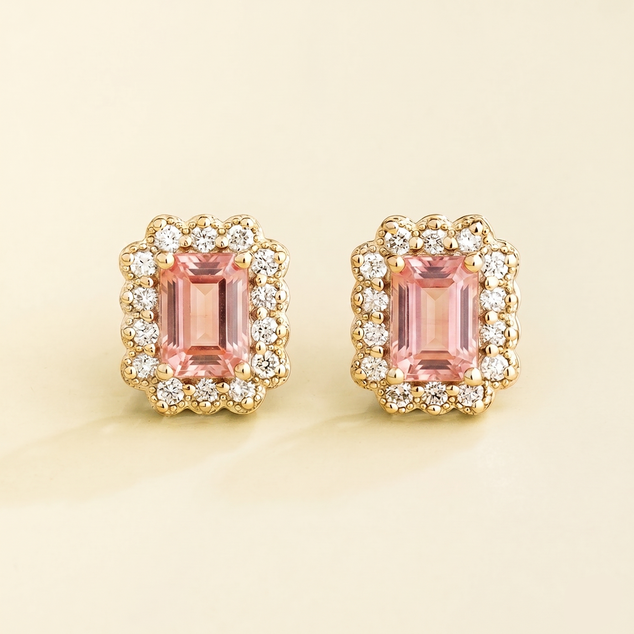 Emerald-cut lab-grown padparadscha sapphire and diamond halo stud earrings, Verda design in gold | Juvetti London
