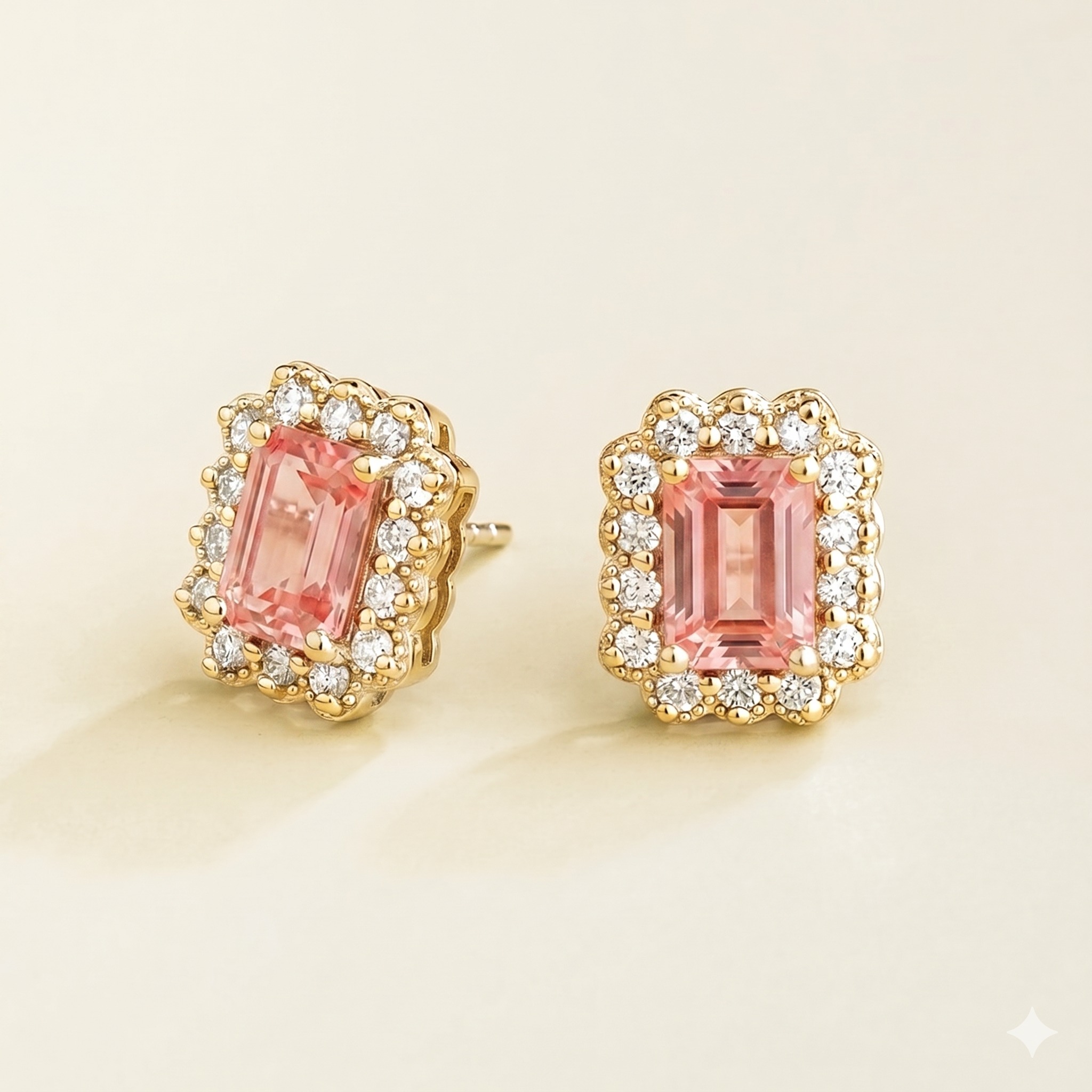 Verda Padparadscha Sapphire Emerald-Cut & Diamond Halo Stud Earrings in Gold