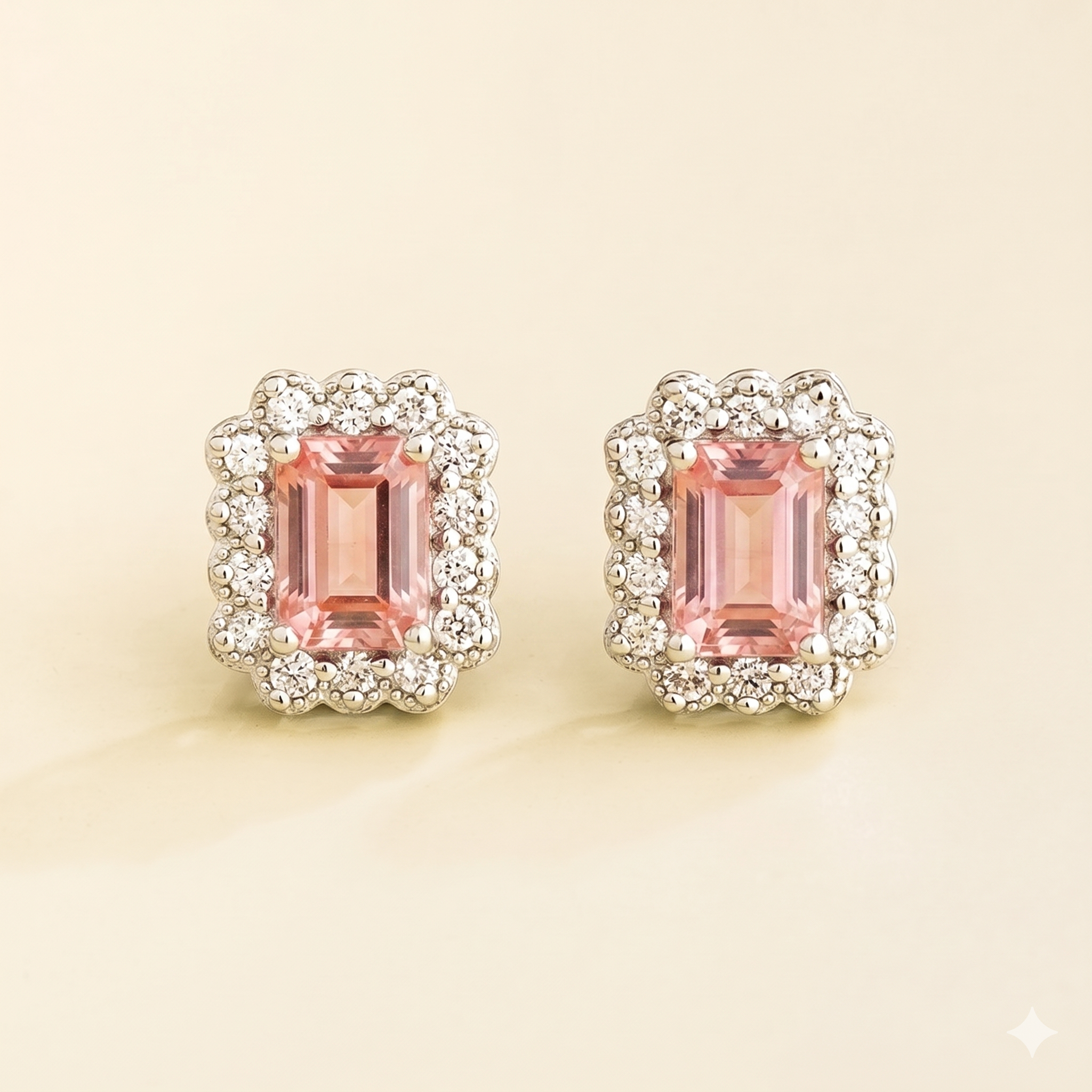 Verda Padparadscha Sapphire Emerald-Cut & Diamond Halo Stud Earrings in White Gold