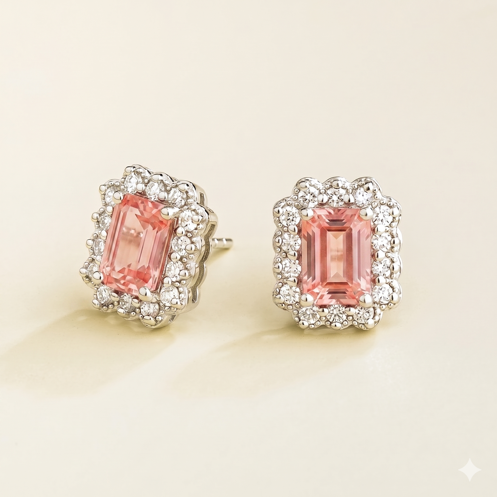 Verda Padparadscha Sapphire Emerald-Cut & Diamond Halo Stud Earrings in White Gold