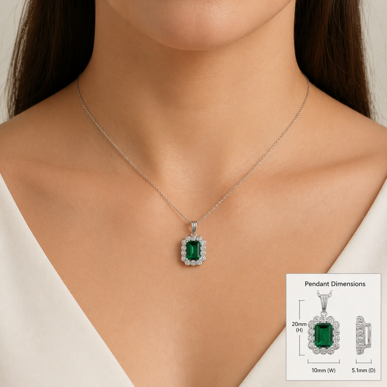 Verda Emerald Emerald-Cut & Diamond Halo Pendant Necklace in White Gold
