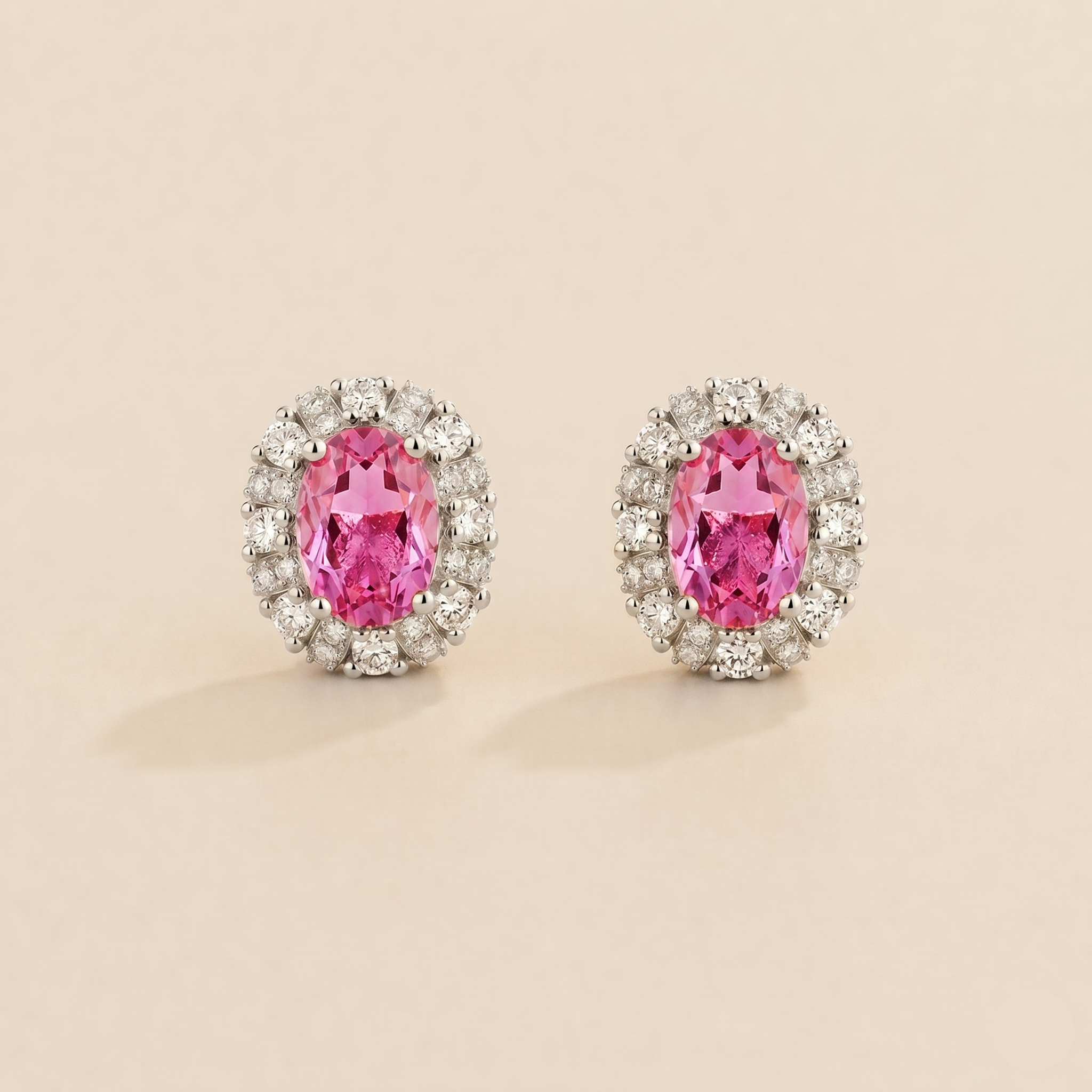 Viva Oval Pink Sapphire Halo Stud Earrings with Diamond Accents in White Gold