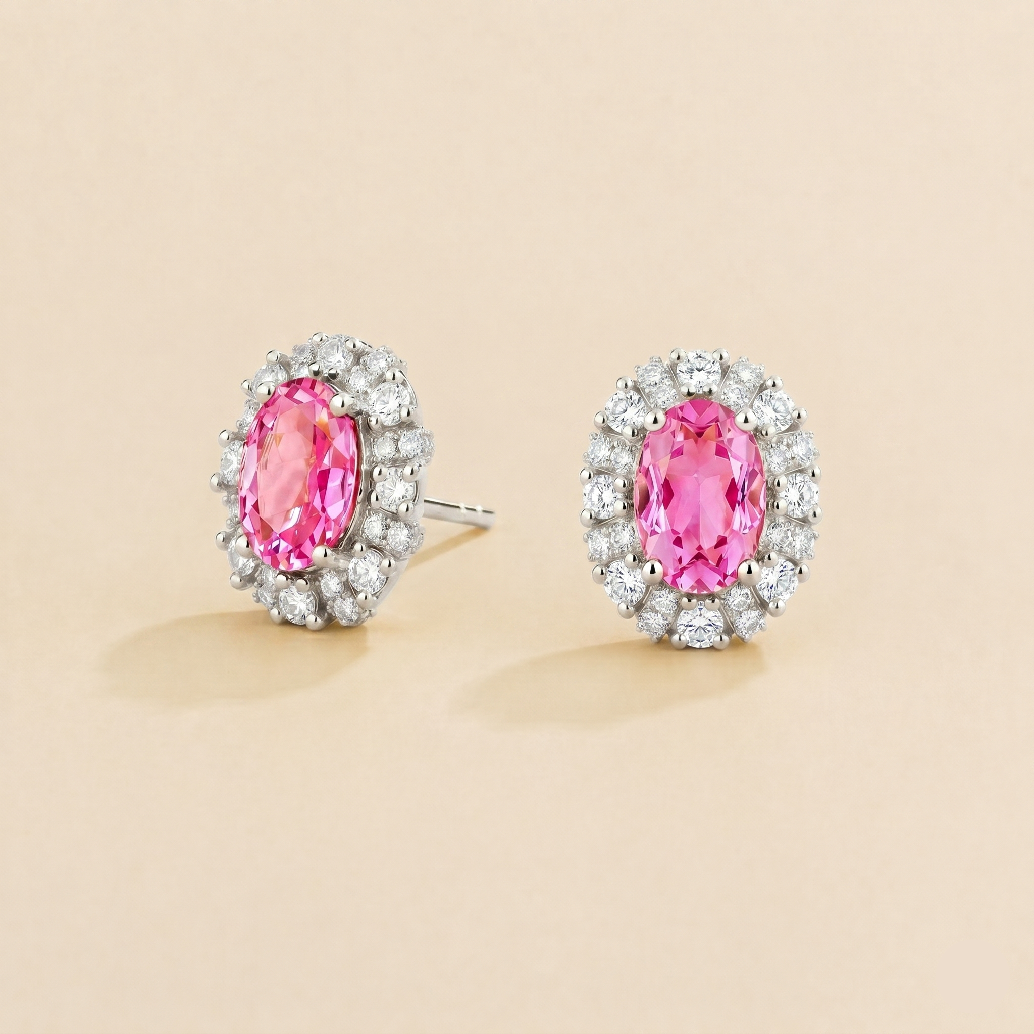 Viva Oval Pink Sapphire Halo Stud Earrings with Diamond Accents in White Gold