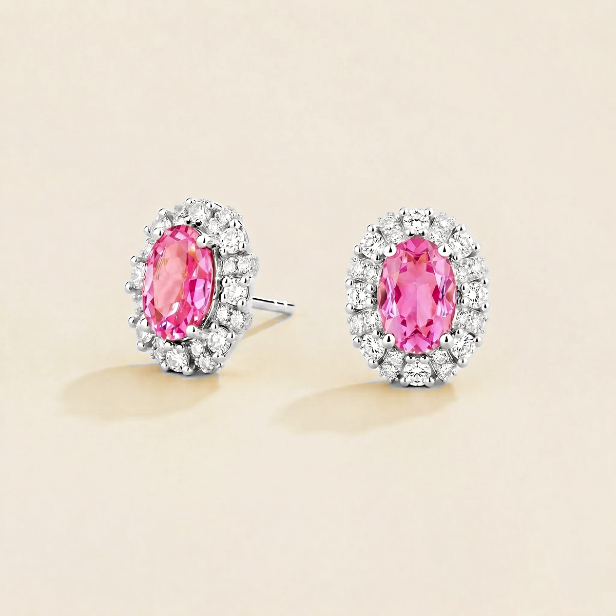 Viva Oval Pink Sapphire Halo Stud Earrings with Diamond Accents in White Gold