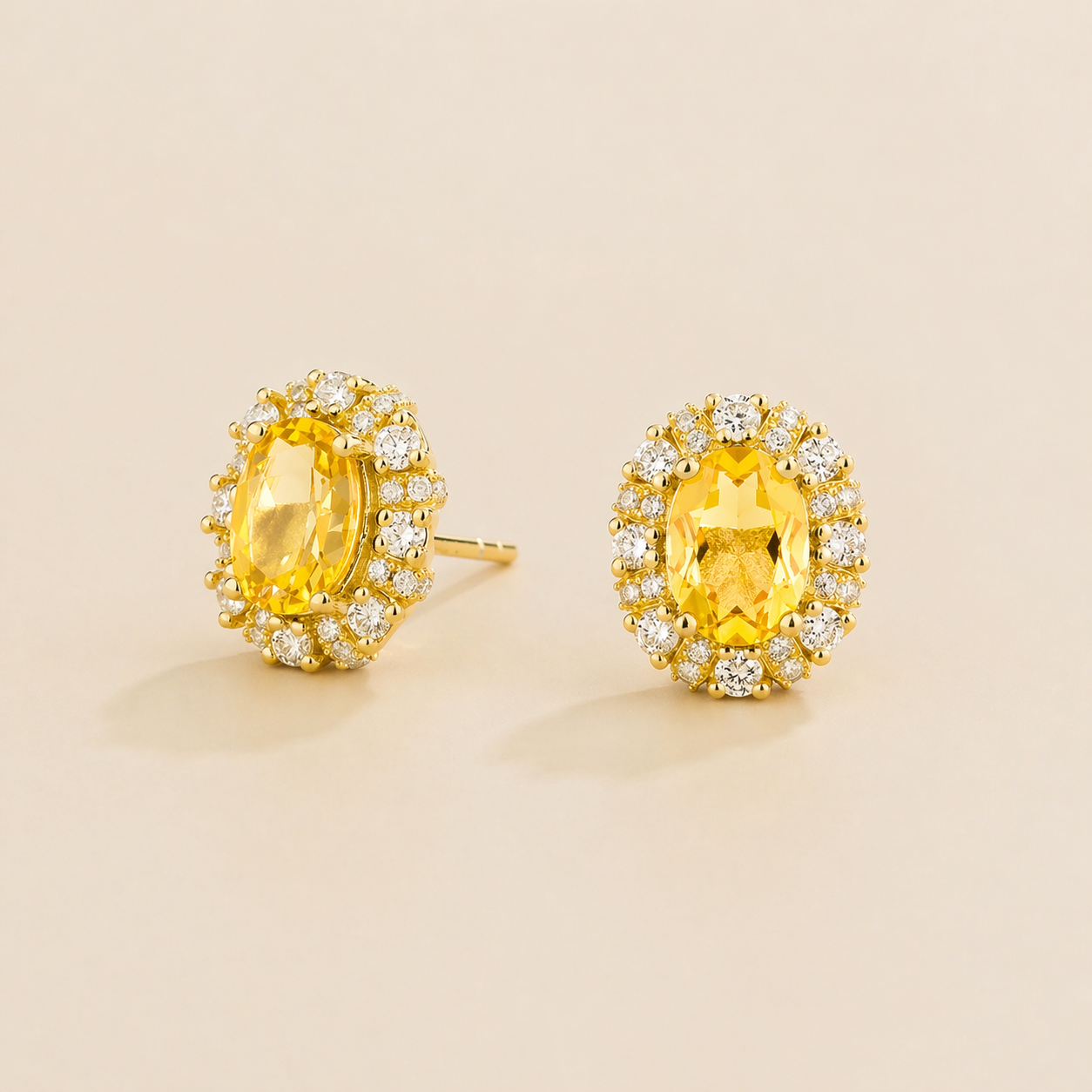 Viva Oval Yellow Sapphire Halo Stud Earrings with Diamond Accents in Gold
