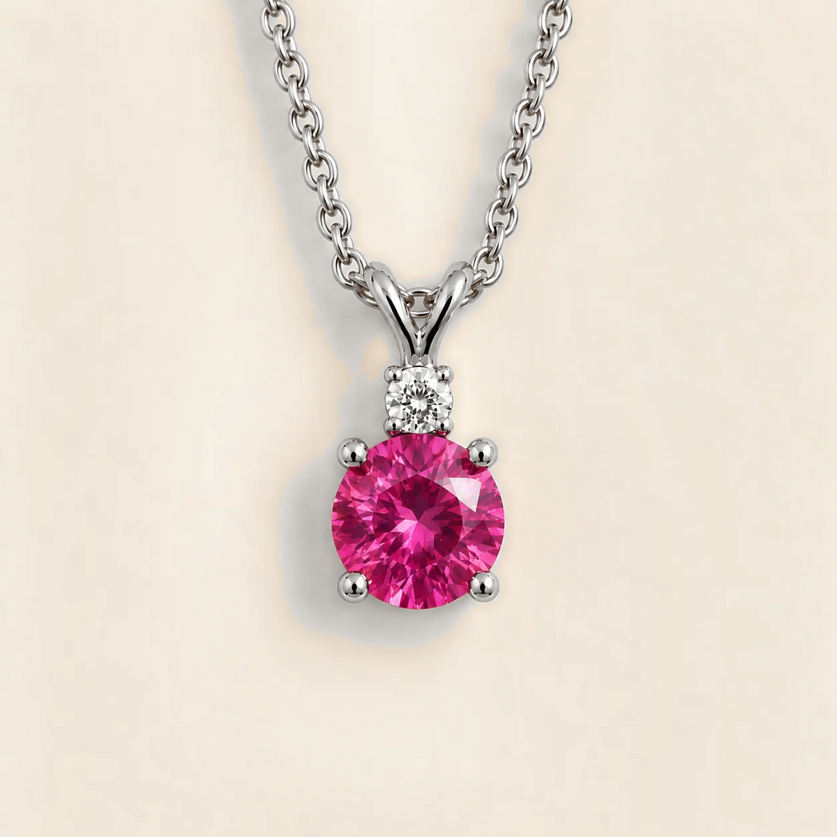 Joie Round Vivid Pink Sapphire & Diamond Drop Pendant Necklace in White Gold