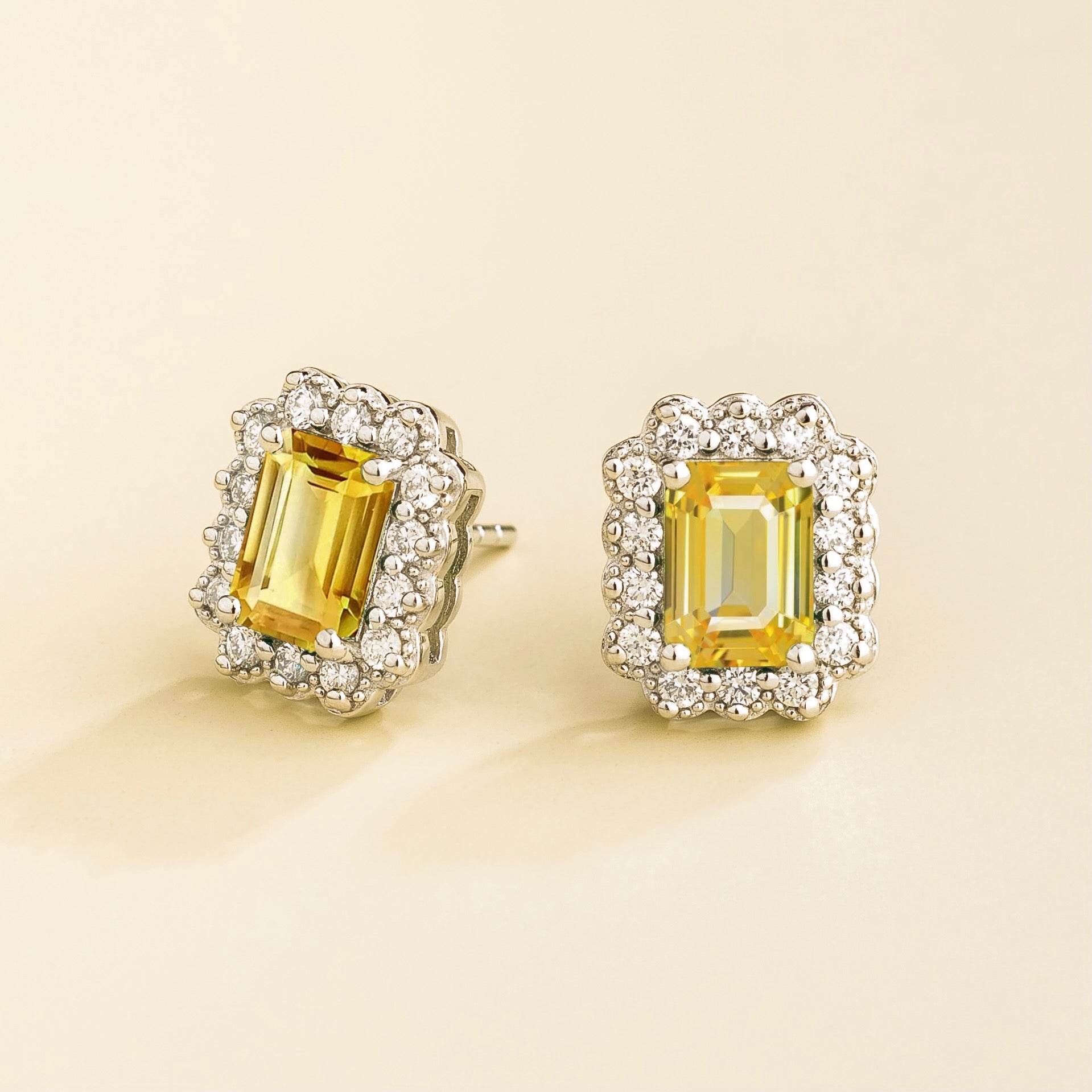 Handcrafted White Gold Earrings Set with Emerald Cut Yellow Sapphire & Diamond – Timeless Elegance