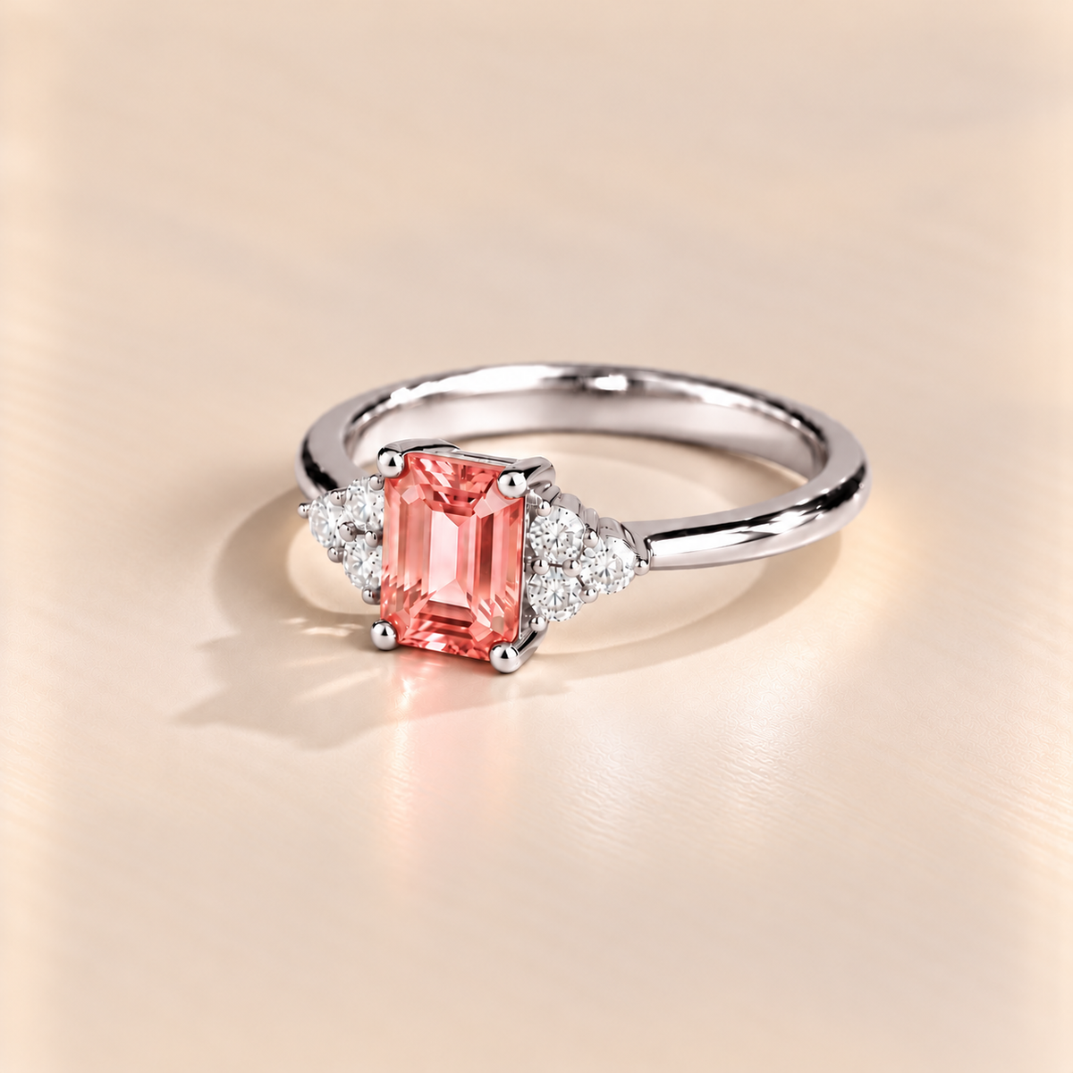 Chateau Padparadscha Sapphire Emerald-Cut & Diamond Ring in White Gold