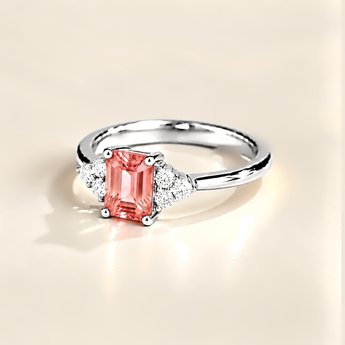 Chateau Padparadscha Sapphire Emerald-Cut & Diamond Ring in White Gold