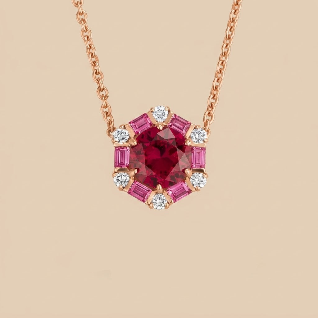 Melba Ruby, Pink Sapphire & Diamond Halo Pendant Necklace in Rose Gold | Juvetti