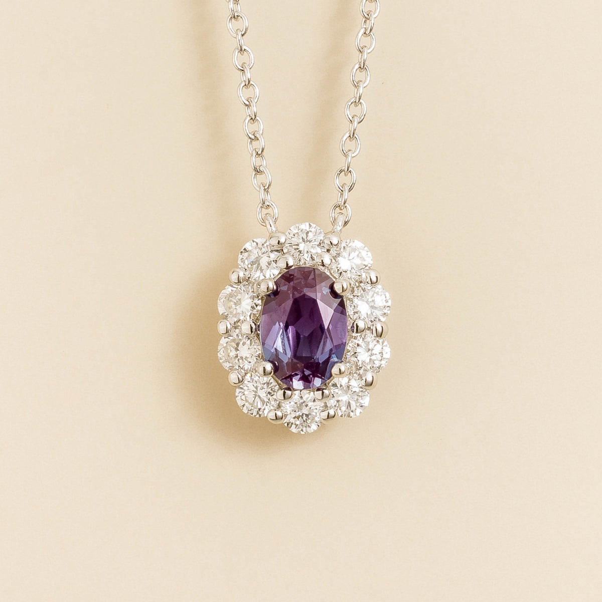 Prill Alexandrite Oval & Diamond Halo Pendant Necklace in White Gold | Juvetti