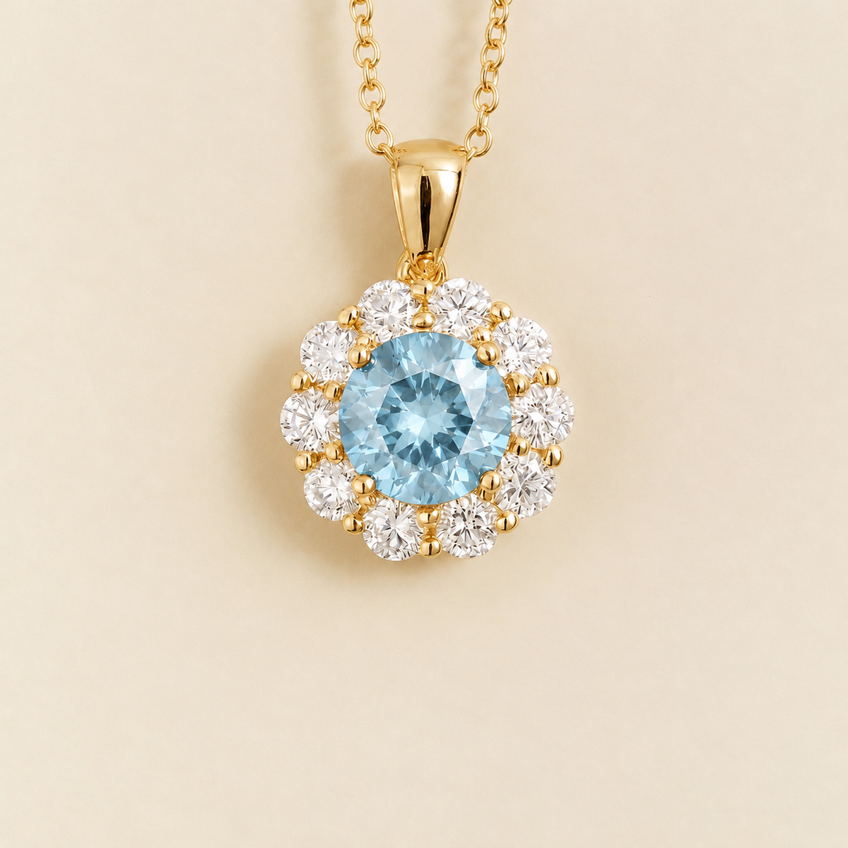 Floret aquamarine and diamond halo pendant necklace in yellow gold