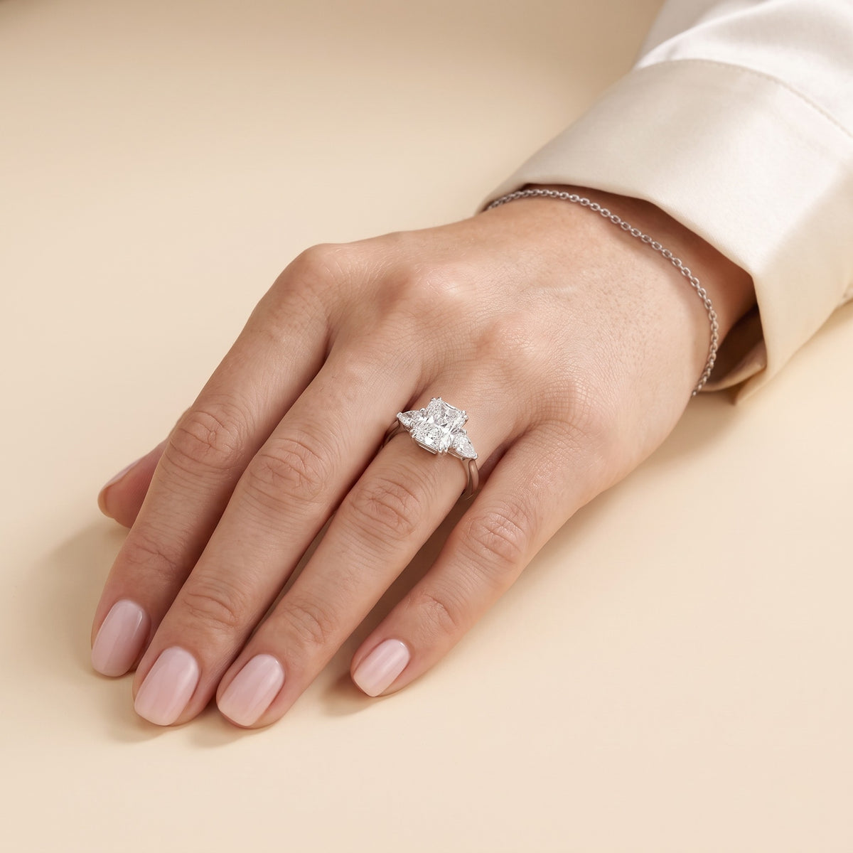 Model wearing the Bale Radiant-Cut Lab-Grown Diamond Engagement Ring in White Gold