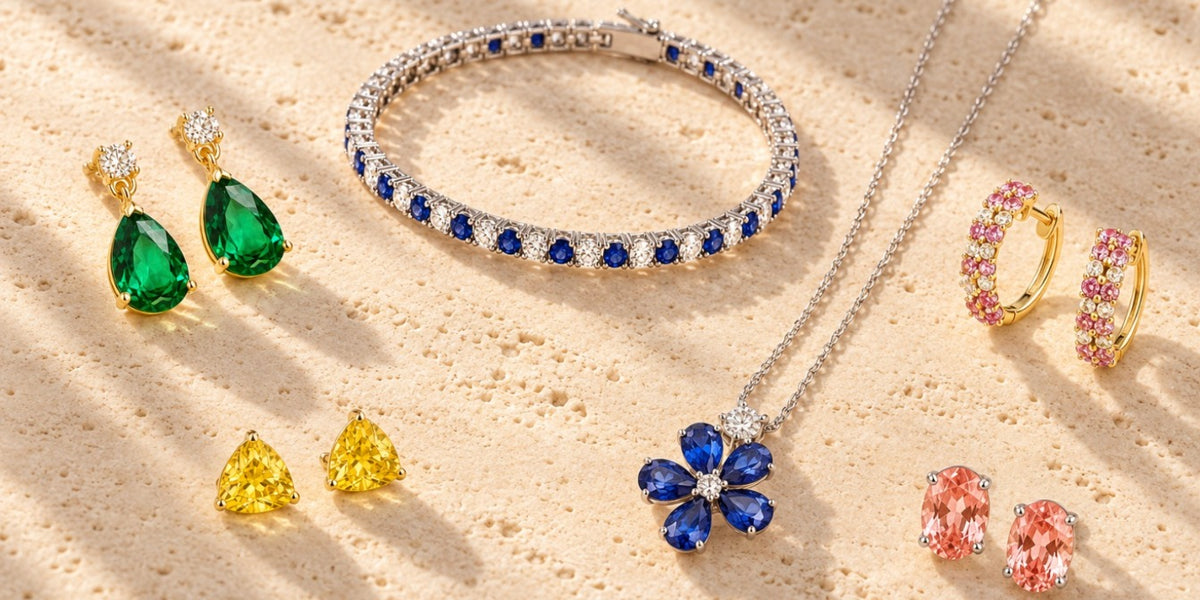 Juvetti best sellers on travertine: Pisa emerald drop earrings, Stacy sapphire tennis bracelet, Trillion yellow sapphire studs, Florea sapphire flower pendant, Starry pink sapphire huggies and Ovo padparadscha studs