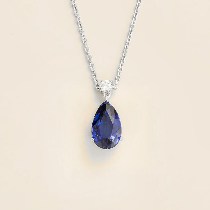 Lab-grown blue sapphire and diamond pear drop pendant necklace in white gold, large – front view | Pisa by Juvetti