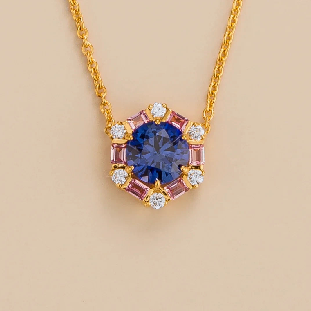Melba Blue Sapphire, Pink Sapphire & Diamond Halo Pendant Necklace in Gold | Juvetti