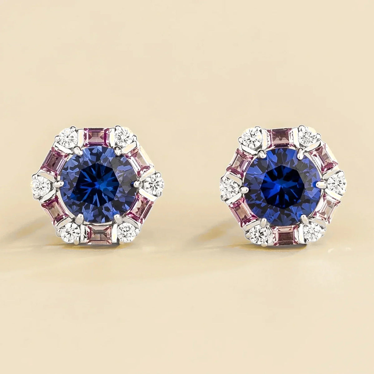 Melba Blue Sapphire & Pink Sapphire Hexagon Earrings with Diamond in White Gold