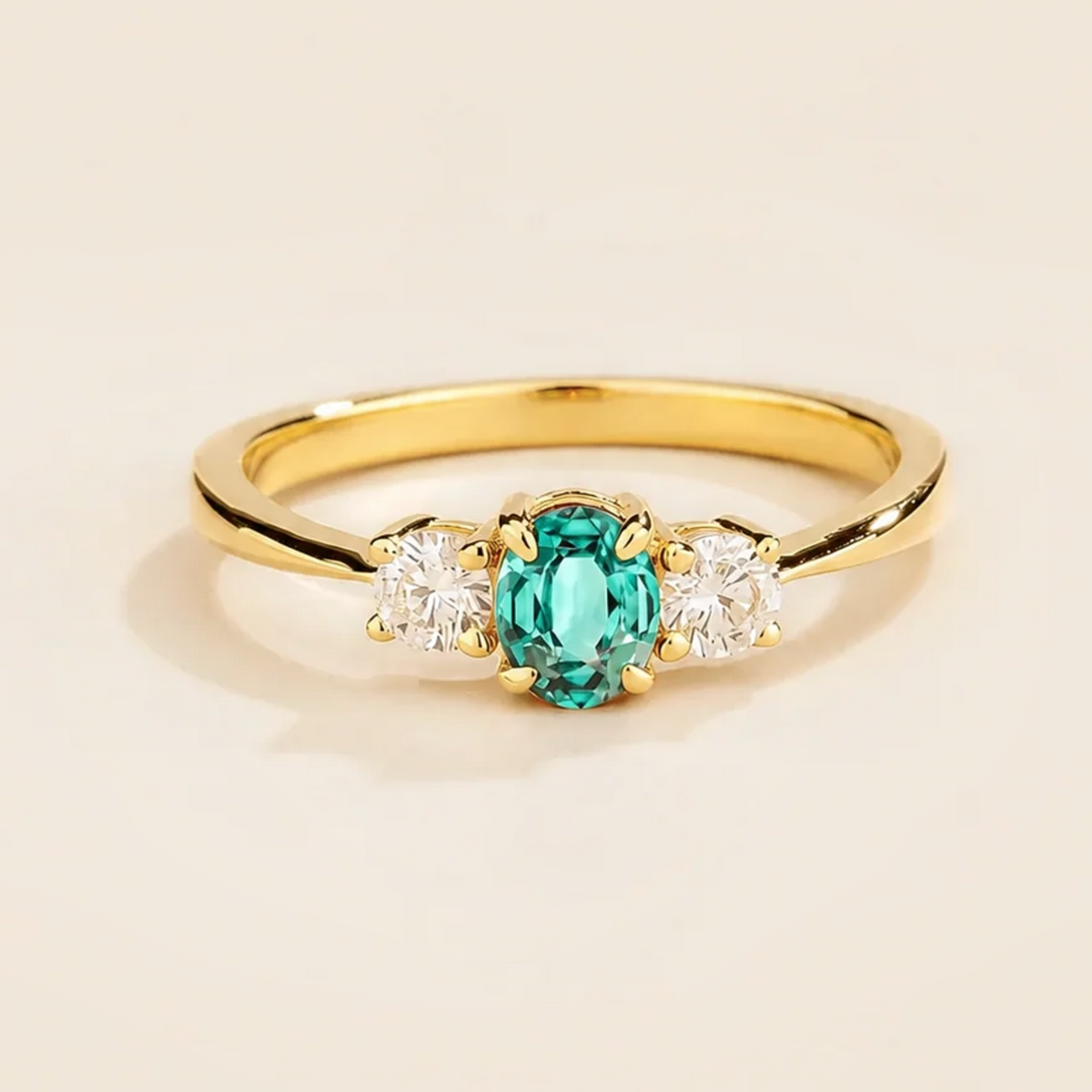 Boble Paraiba Oval & Diamond Three-Stone Ring in Gold – Front view