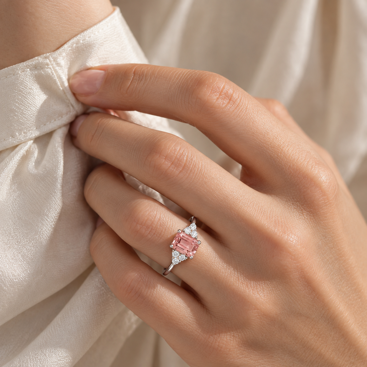 Chateau Padparadscha Sapphire Emerald-Cut & Diamond Ring in White Gold