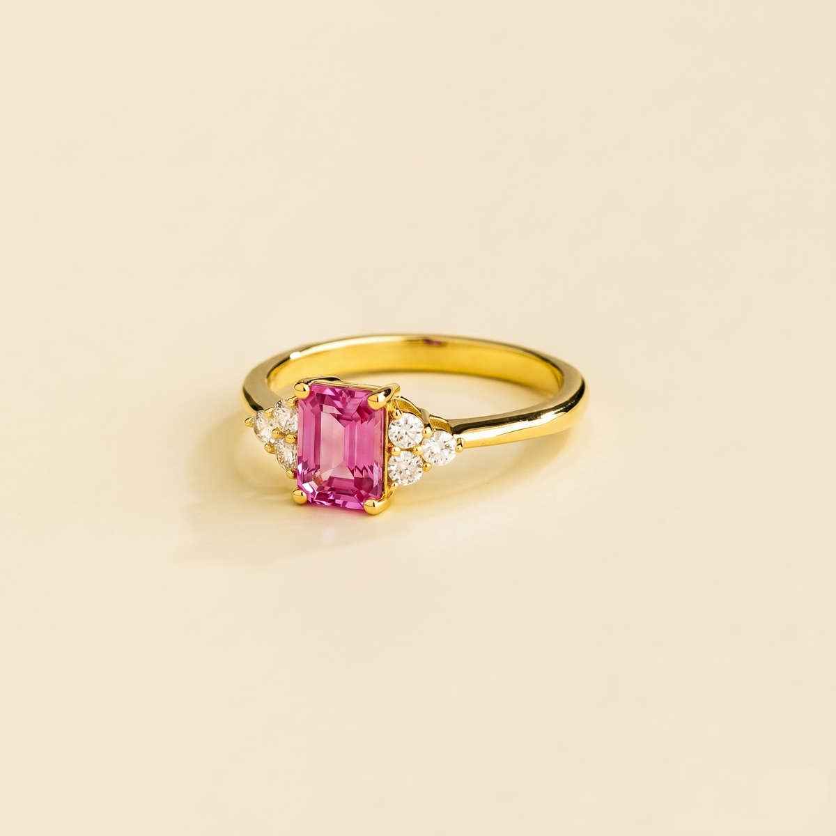Chateau Pink Sapphire Emerald-Cut & Diamond Ring in Gold – angle view