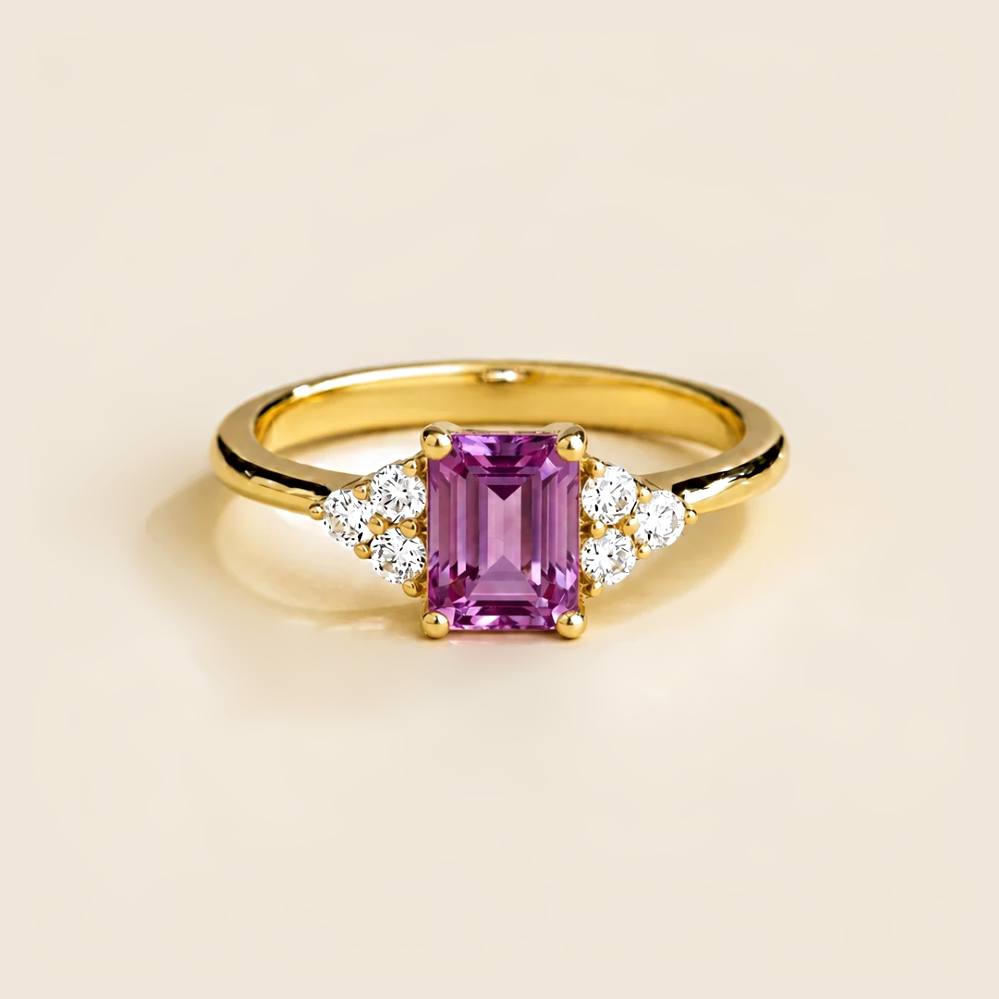 Chateau Purple Sapphire Emerald-Cut & Diamond Ring in Gold by Juvetti, bespoke jewellery London