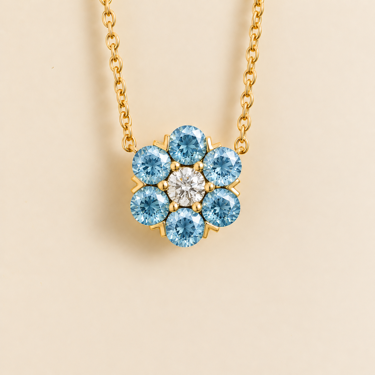 Cinq Aquamarine & Diamond Flower Pendant Necklace in Gold