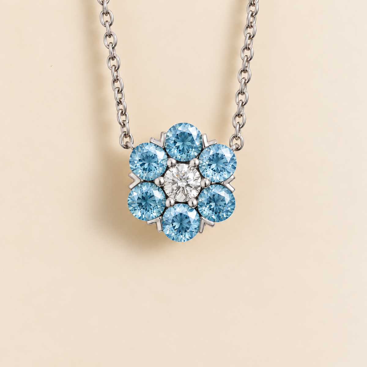 Cinq Aquamarine & Diamond Flower Pendant Necklace in White Gold