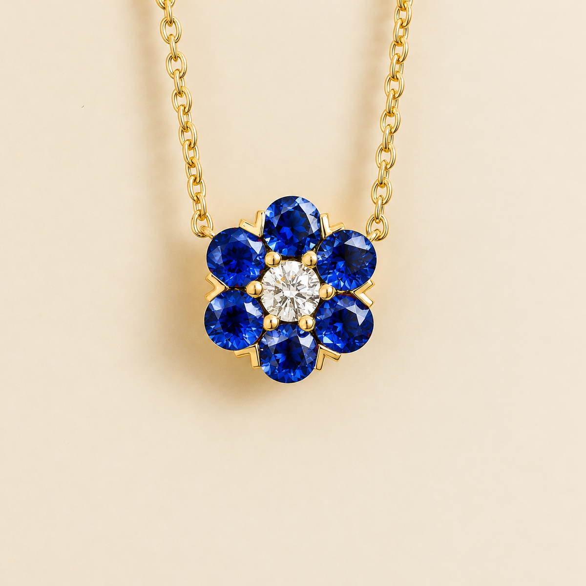 Cinq Blue Sapphire & Diamond Flower Pendant Necklace in Gold