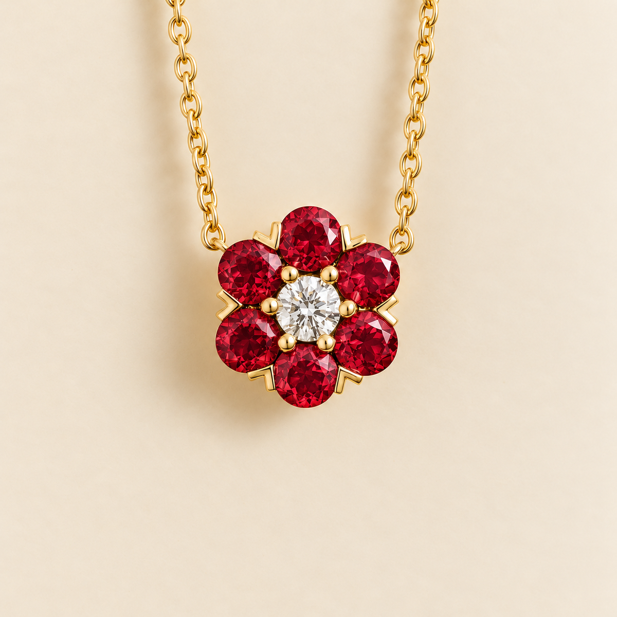 Cinq Ruby & Diamond Flower Pendant Necklace in Gold