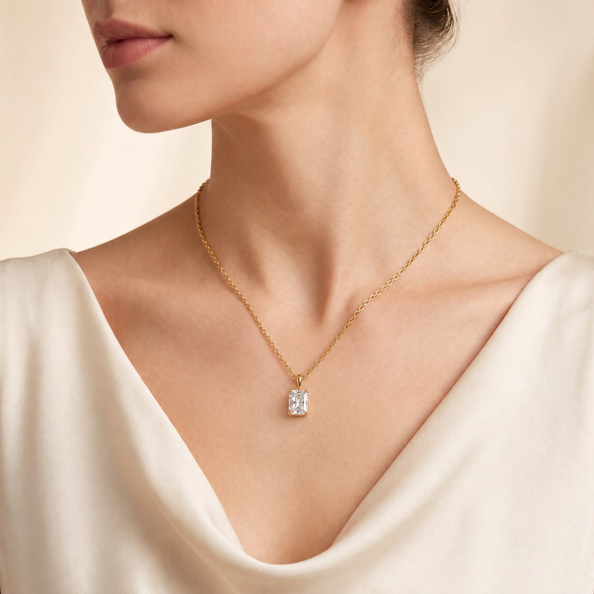Clair radiant lab-grown diamond solitaire pendant necklace in gold – on model | Juvetti