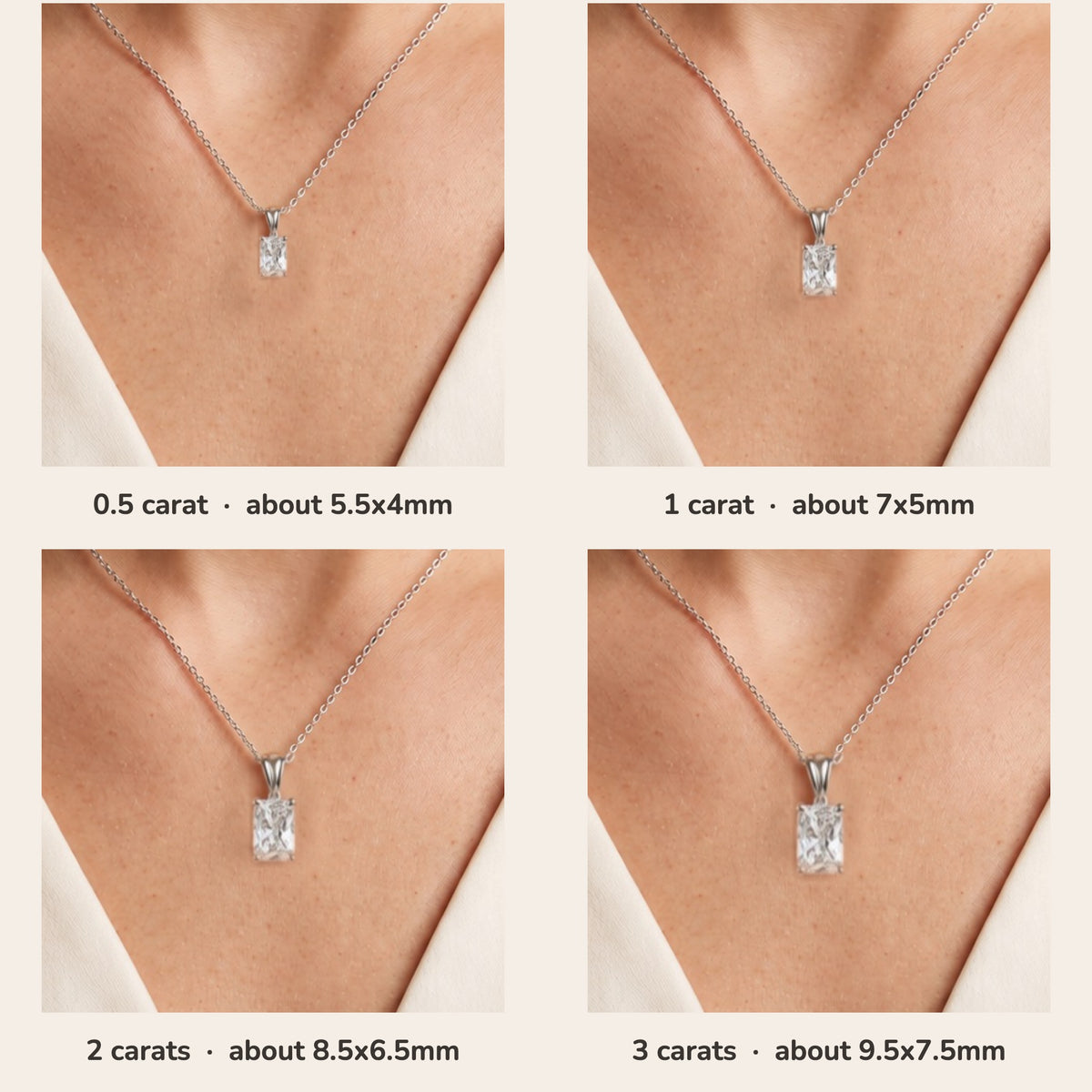 Clair radiant lab-grown diamond solitaire pendant necklace in white gold – size guide on model (0.5 to 3 carats) | Juvetti