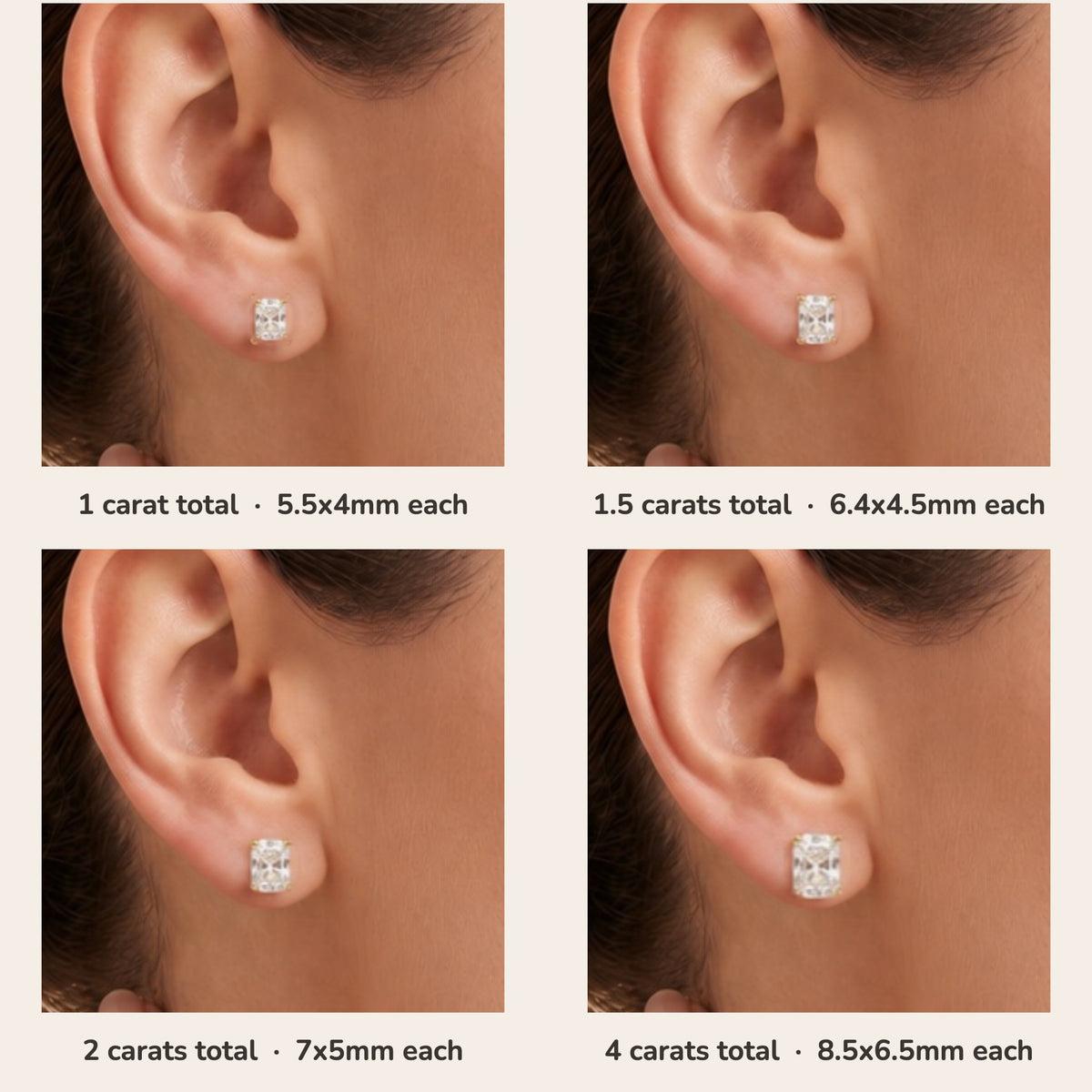 Clair radiant lab-grown diamond solitaire stud earrings in gold – size guide on model (1 to 4 carats total) | Juvetti