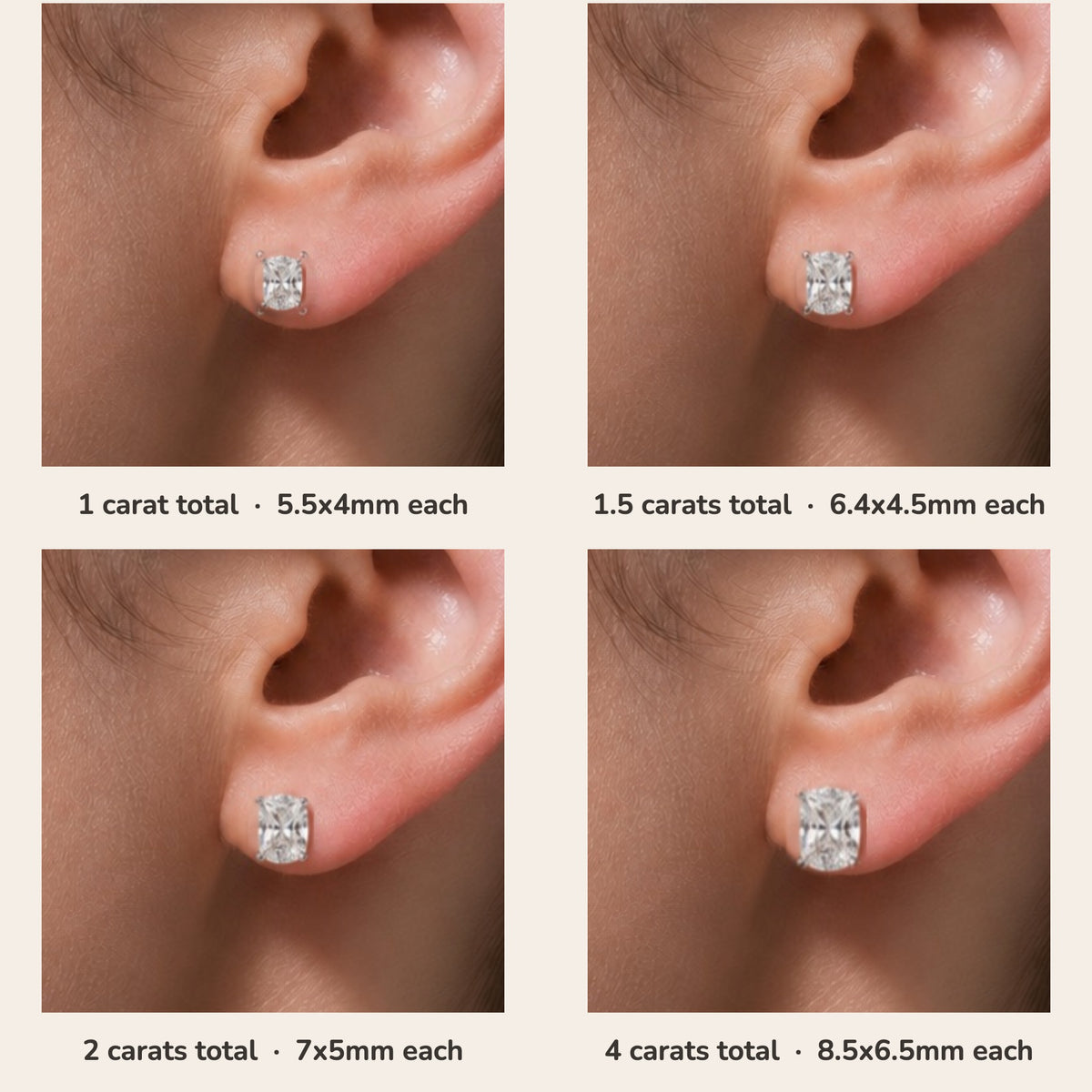Clair radiant lab-grown diamond solitaire stud earrings in white gold – size guide on model (1 to 4 carats total) | Juvetti