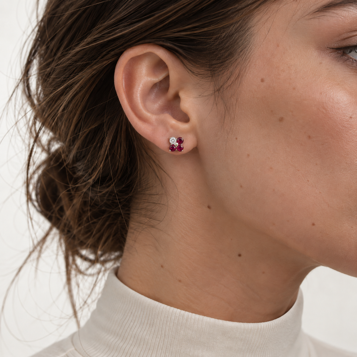 Clover Ruby & Diamond Earrings In White Gold