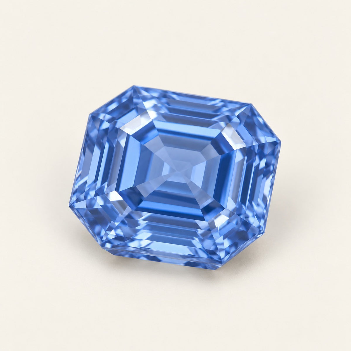 Cornflower blue lab-grown sapphire, Asscher cut, 45° view