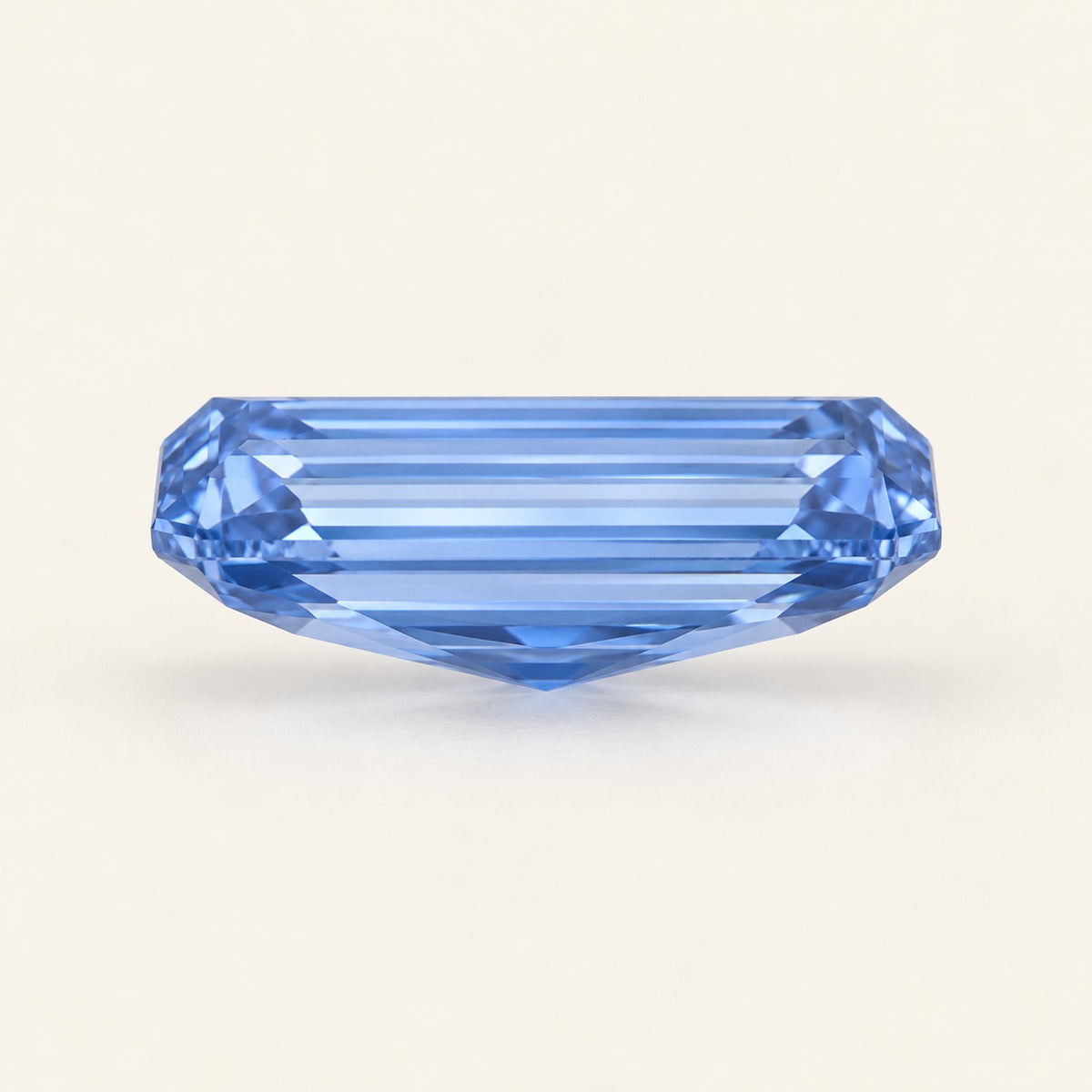 Cornflower blue lab-grown sapphire, baguette cut, side view