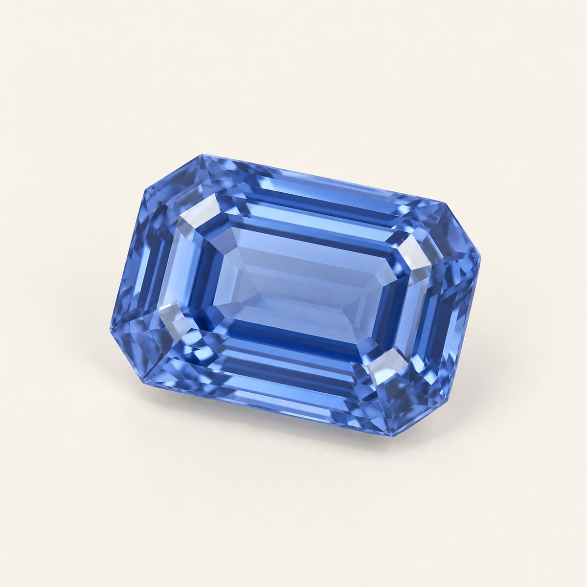 Cornflower blue lab-grown sapphire, emerald cut, 45° view